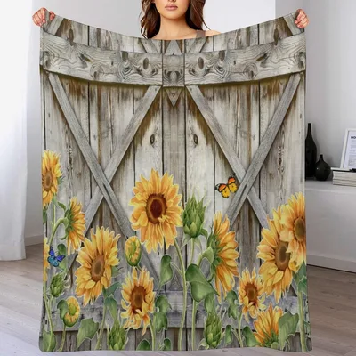Rustic Barn Door Sunflowers Blanket featuring vintage wood panel art