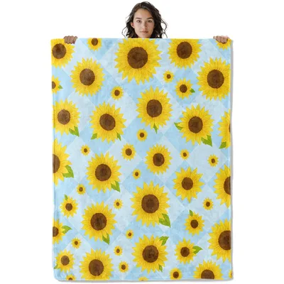 Bright Sunflowers on Blue Blanket: Cheerful Floral Throw for Your Sofa