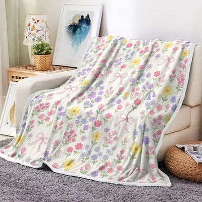 Pastel Wildflower Botanical Pattern Blanket with Vintage Floral Bows
