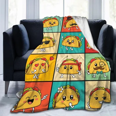 Cartoon Taco Pattern Blanket: A Grid of Kawaii Tacos with Unique Faces