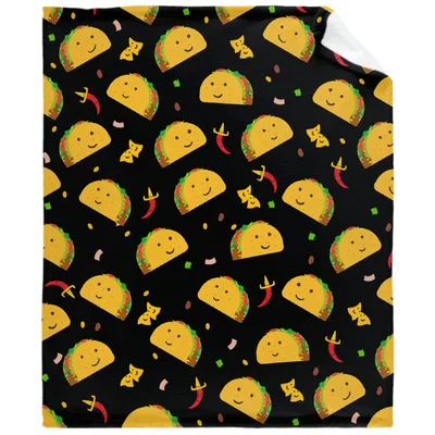 Taco Pattern Cute Food Blanket: Smiling Tacos and Chilies on Black