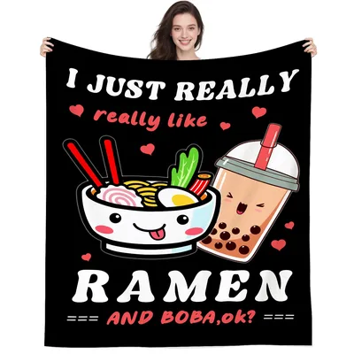 Kawaii Ramen Boba Tea Blanket for Noodle and Drink Lovers