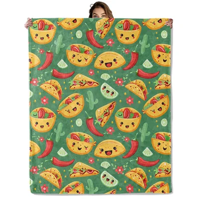 Cute Taco Pattern Blanket: Smiling Tacos and Chili Peppers on Green