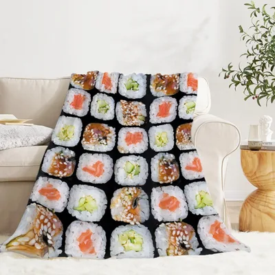Sushi Rolls Food Print Blanket: A Grid of Salmon, Cucumber, and Ebi