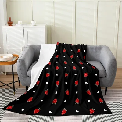 Strawberry Pattern on Black Blanket for Sweet Fruit Lovers