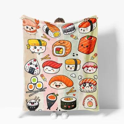 Cute Kawaii Sushi Pattern Blanket: Smiling Nigiri and Maki Roll Design