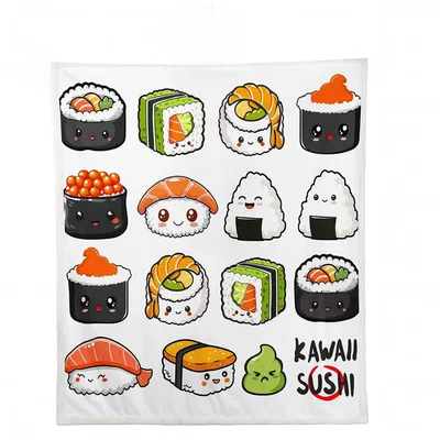 Kawaii Sushi Pattern Blanket: Cute Kawaii Sushi Design with Faces