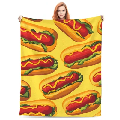 Hot Dogs Pattern on Yellow Blanket: A Fun Foodie Throw for Your Sofa