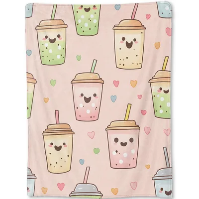 Smiling Bubble Tea Cups Blanket: Cute Kawaii Drinks with Hearts