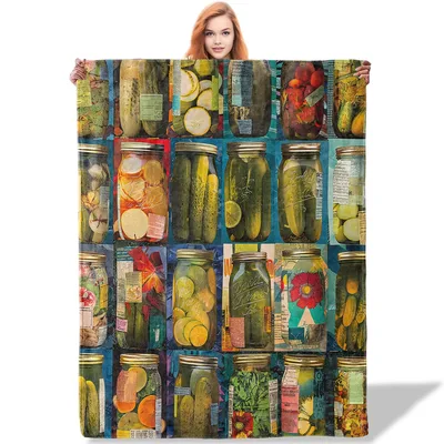 Vintage Pickle Jars Pattern Blanket: A Collage of Preserved Cucumbers