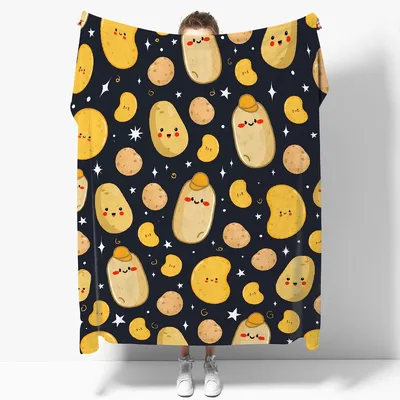 Cute Potatoes Pattern on Black Blanket: Kawaii Tuber Design