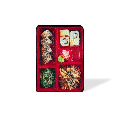 Japanese Bento Box Food Blanket: A Red Tray of Sushi and Noodles