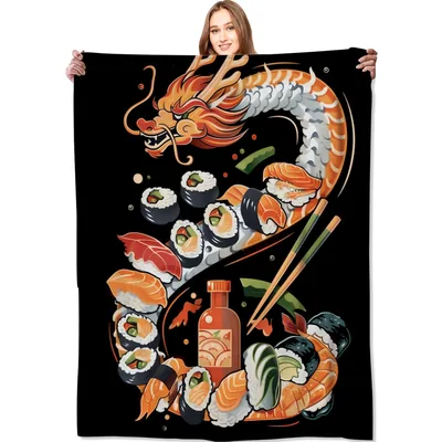 Sushi Dragon Blanket: Cozy Fleece with Japanese Food Art