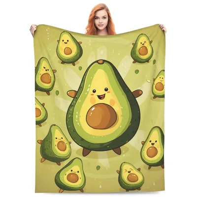 Cute Avocado Fruit Pattern Blanket with Kawaii Cartoon Characters