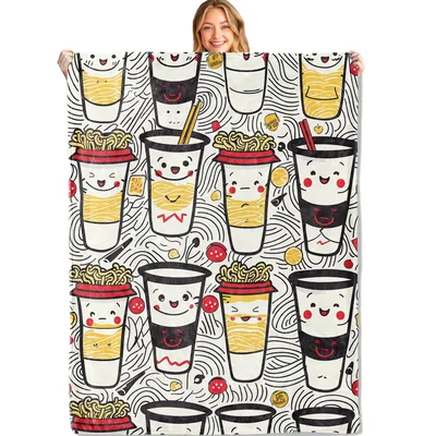 Kawaii Ramen Cups Pattern Blanket: Smiling Noodle Cups Design