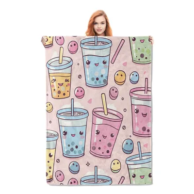 Cute Boba Bubble Tea Blanket: Kawaii Cups with Smiling Faces