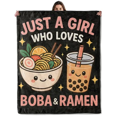 Just a Girl Blanket Celebrating Boba and Ramen Lovers