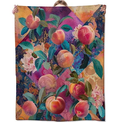Colorful Peaches Art Blanket: Vibrant Fruit and Floral Collage Design