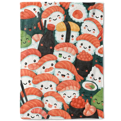 Kawaii Sushi Pattern Cute Faces Blanket for Foodie Fans