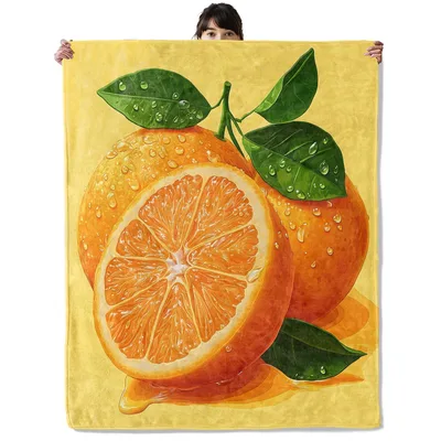 Oranges with Green Leaves Blanket: Citrus Illustration Throw