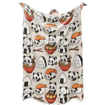 Panda Sushi Ramen Pattern Blanket: Cute Pandas and Noodle Bowls