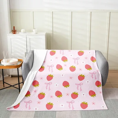 Strawberry Pattern with Bows Blanket: Sweet Fruit and Ribbon Design