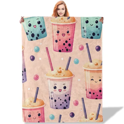 Kawaii Bubble Tea Pattern Blanket: Cute Smiling Cups and Pearls