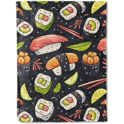 Colorful Sushi Pattern Blanket featuring illustrated nigiri
