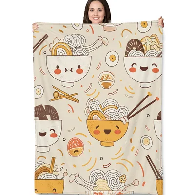 Kawaii Ramen Noodle Bowls Blanket featuring cute smiling noodle bowls