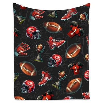 Football Helmets Balls Blanket: Red Gear Pattern for Young Players