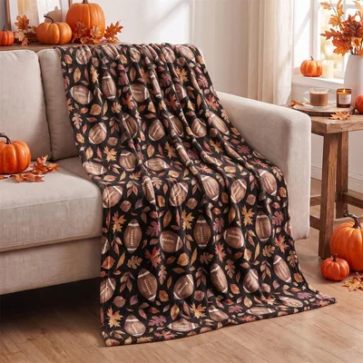 Fall Football Pattern Blanket: Autumn Leaves and Balls Design – Design 2