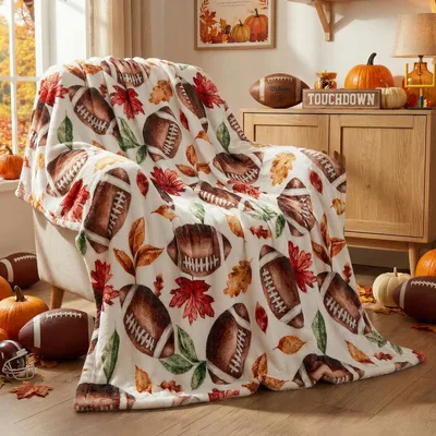 Football Fall Leaves Blanket featuring brown leather balls