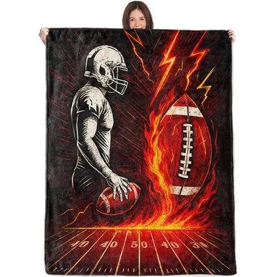 Football Player Fire Design Blanket: Fiery Football and Lightning Art