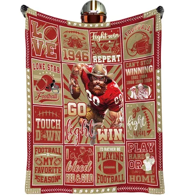Vintage Football Win Collage Blanket: Red and Gold Game Day Design
