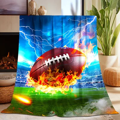 Flaming Football on Field Blanket: Fireball Design for Game Day