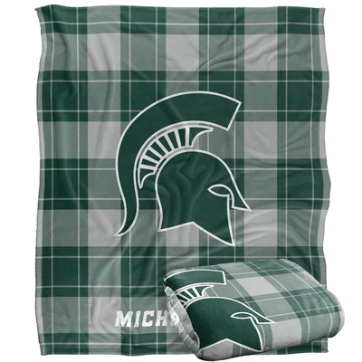 Green Plaid Helmet Emblem Blanket: Michigan State Spirit Design