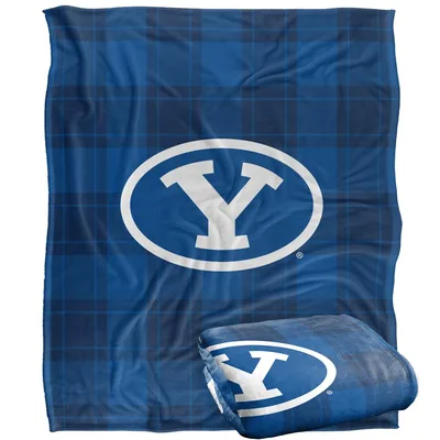Blue Plaid Oval Emblem Blanket: BYU Spirit Plaid Design