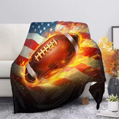 Flaming Football American Flag Blanket features a burning