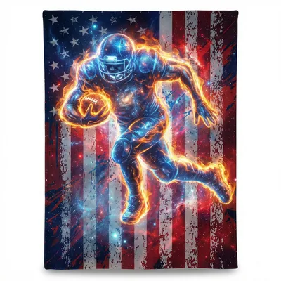 Flaming Football Player Flag Blanket shows a cosmic runner