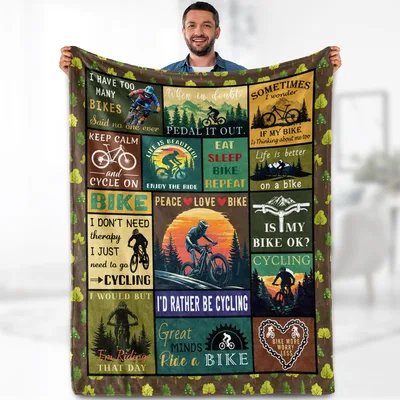 Cycling Lover Blanket: A Collage of Mountain Bike Slogans and Scenery