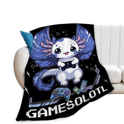 Axolotl Gamer Gaming Blanket: Pixel Art Axolotl with Controllers