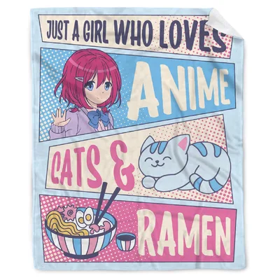Anime Girl Cat Ramen Blanket featuring a pink-haired girl