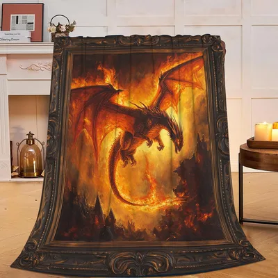 Fire Dragon Art Blanket: Western Dragon Painting in Ornate Frame