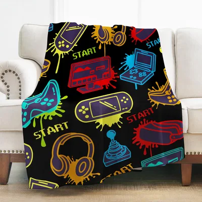 Gaming Controllers Pattern Blanket: Neon Gamepad and Start Sign Design