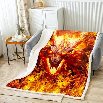 Fiery Dragon Among Flames Blanket: Fantasy Art for Gamers