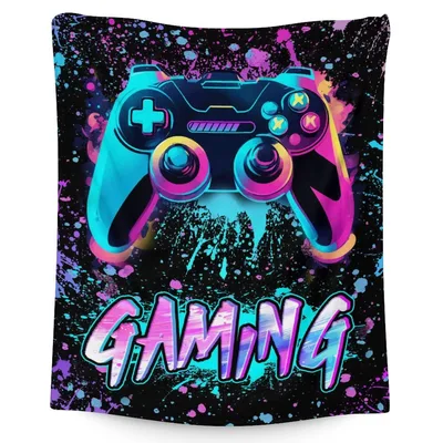 Graffiti Splatter Gaming Controller Blanket: Neon Gamepad Design