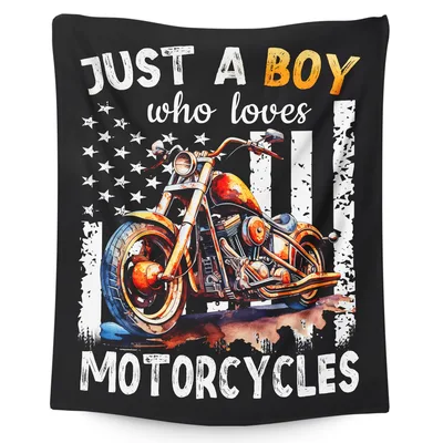 Motorcycle American Flag Blanket Just a Boy Who Loves Motorcycles