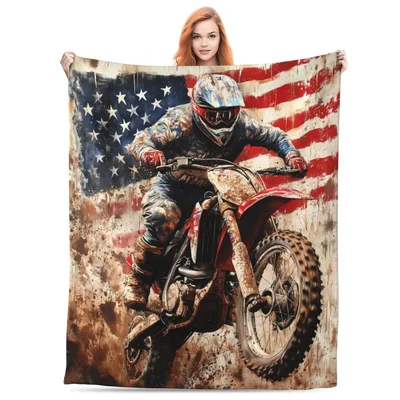 Dirt Bike Motorcycle Flag Blanket: American Motocross Rider Design