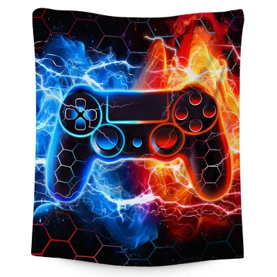 Blue and Red Gaming Blanket with Controller Art