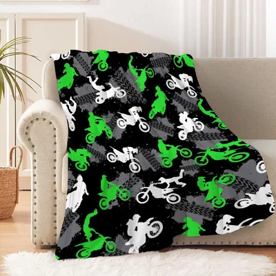 Green and White Dirt Blanket: Motocross Rider Silhouette Design